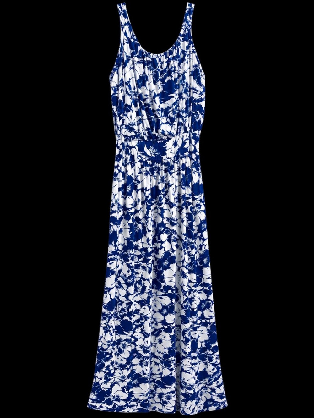 Blue and White Floral Scoop-Neck Maxi Dress